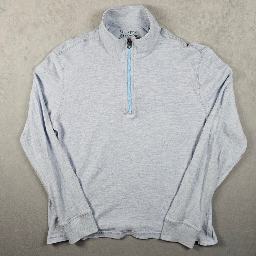 Faherty Sweater Mens Medium Blue Sunwashed Slub 1/4 Zip Lightweight Pullover